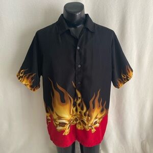 Guo Zhi Ting Shirt Men’s XL Hot Fire Skulls Design Fire Art Rave Short Sleeve #